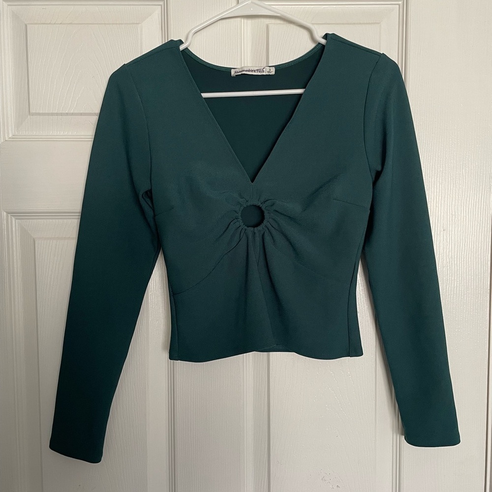 Abercrombie & Fitch Dark Spruce Green Long Sleeve V-Neck Top with Keyhole Design